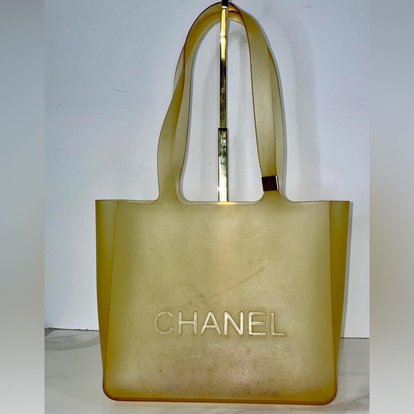 Authentic CHANEL Tote Bag rubber Yellow COCO Logo. Small tear on one handle: COA - Picture 1 of 16